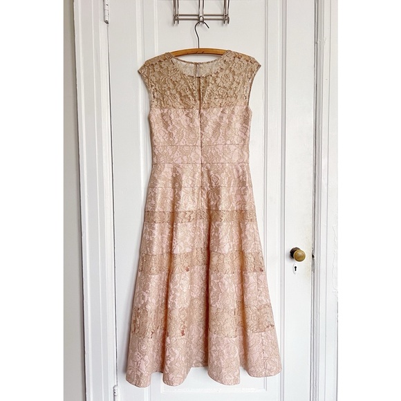 Kay Unger • Cap Sleeve Illusion Lace Dress tea length blush nude pink gold - Picture 7 of 9